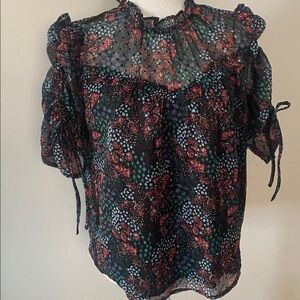LOFT Sheer Floral Blouse Smocked Neck Tie Sleeve Top Boho Romantic Size Small